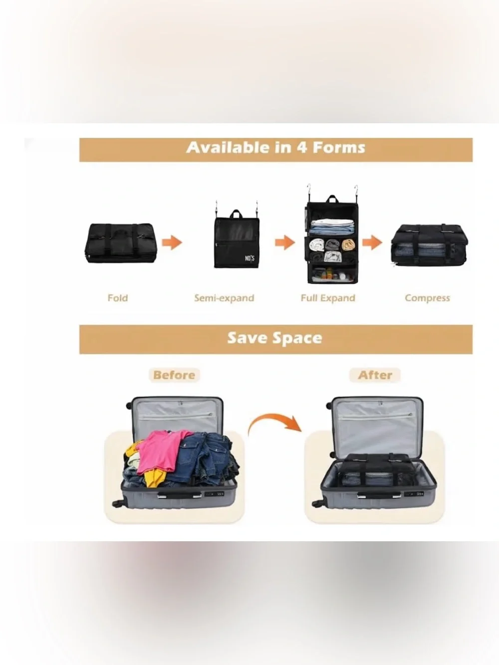 Travel Hanging Organizer Suitcase Compressible Storage Shelves Includes Shoe Bag